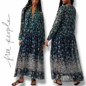 Free People Women’s See It Through Blue Floral Maxi Dress in the Size Large